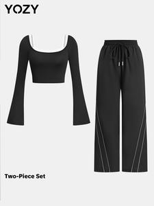 YOZY Two-Piece Set Women's Patchwork Print Crop Top & Pocket Wide Leg Pants Set, Casual Flounce Sleeve Top & Drawstring Waist Trousers for Daily Wear, Ladies Fall & Winter Clothes