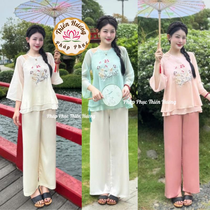 Set bộ đi chùa Yếm tơ 2 lớp thêu bướm hoa Pháp phục đi lễ cách tân tay lỡ Bộ đồ đi chùa yếm tiểu thư voan mềm mặc tết chụp ảnh