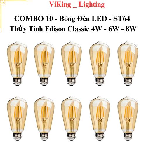 (COMBO 10)  Bóng Đèn Led Edison ST64 4W 6W 8W Bóng Đèn Thủy Tinh Tiết Kiệm Điện Giả Sợi Đốt Vàng Nắng 3000k Trang trí Chiếu Sáng Decor