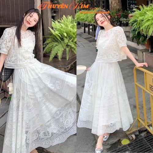 Set thiết kế Chất Ren hoa Quảng Châu full lót áo tay ngắn kèm chân váy dáng dài xoè Chất Ren hoa 2 lớp nàng đi chơi, dạo phố, du lịch, đi biển xinh xắn, dễ thương, nàng thơ