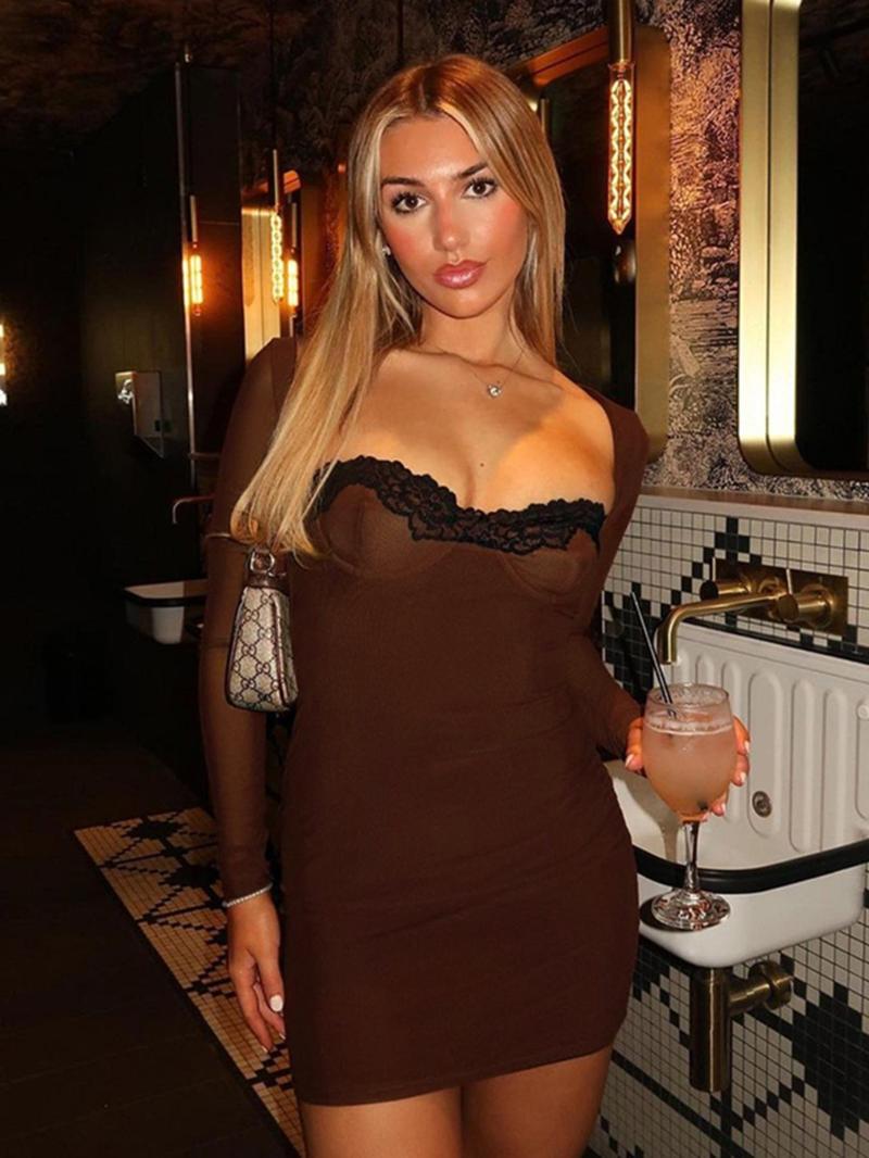 Product Introduction of Women's Contrast Lace Sweetheart Neck Bodycon Dress, Elegant Long Sleeve Mini Dress for Party Club Dating Wear, Ladies Clothes for All Seasons 3