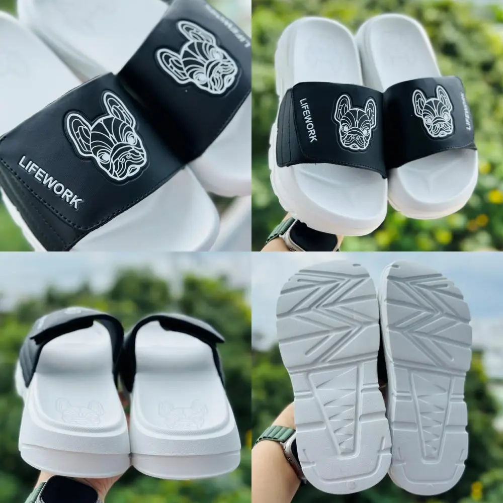 dép cún bull dáng hàn unisex quai đen trắng Nam Slipper Quai Ngang DéP Cao Su