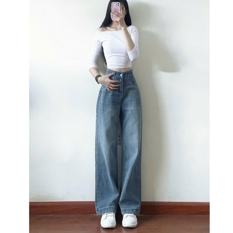 Quần jeans nữ ống suông cạp cao gấu to quần bò nữ ống rộng 2 màu hottrend chất vải mềm mại siêu tôn dáng 1
