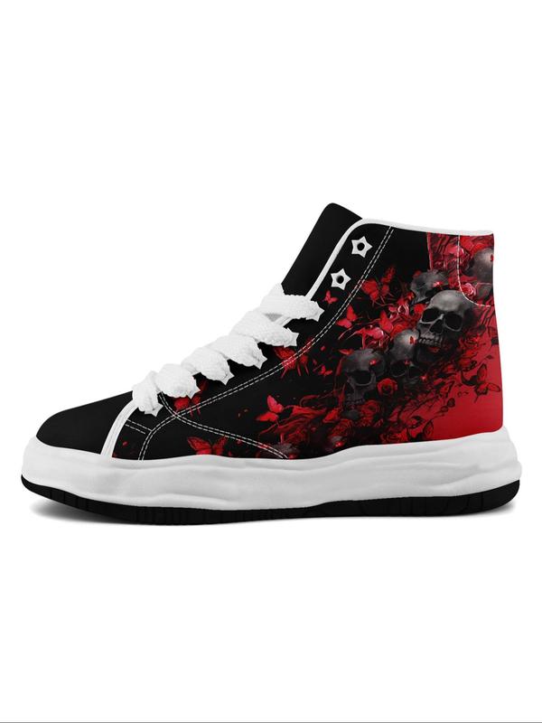 Women's Floral & Skull Print Lace Up High Top Canvas Sneakers, Fashionable Skull Pattern Shoes for Daily Wear, Casual Comfortable Sports Shoes for Women & Girls 6