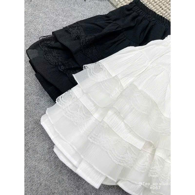 chân váy xòe voan tơ phối ren dễ thương có quần bên trong