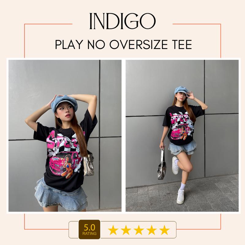 Áo thun unisex nam nữ INDIGO SPEED, áo thun cổ tròn form rộng chất liệu cotton kiểu dáng oversize. TS010 Women Đen Top 6