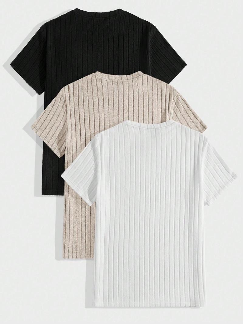 Product Introduction of Men's Solid Color Ribbed Short Sleeve Tee, Casual Comfy Breathable T-shirt for Daily Wear, Men's Top for All Seasons 2