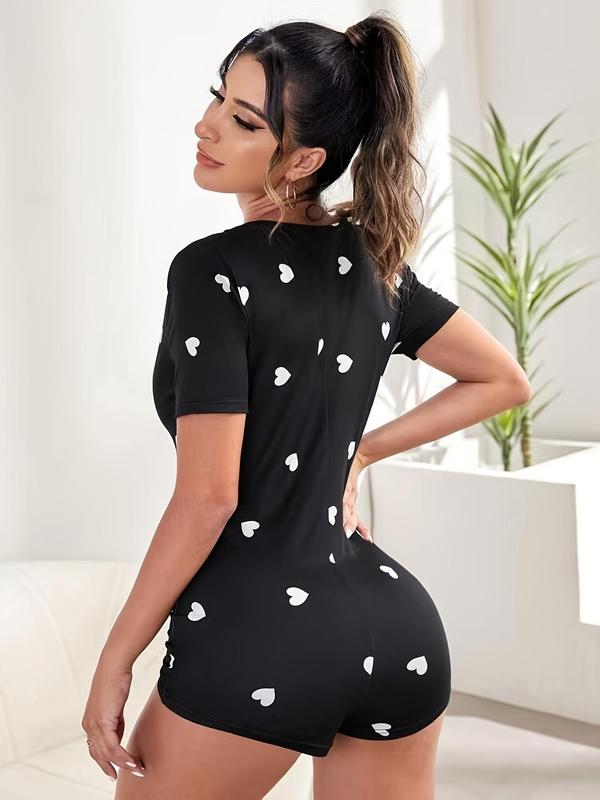 Women's Heart Print Button Front V Neck Romper, Casual Comfy Short Sleeve Loungewear for Daily Home Wear, Ladies Sleepwear for All Seasons 1