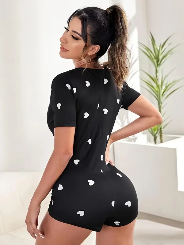 Women's Heart Print Button Front V Neck Romper, Casual Comfy Short Sleeve Loungewear for Daily Home Wear, Ladies Sleepwear for All Seasons 1