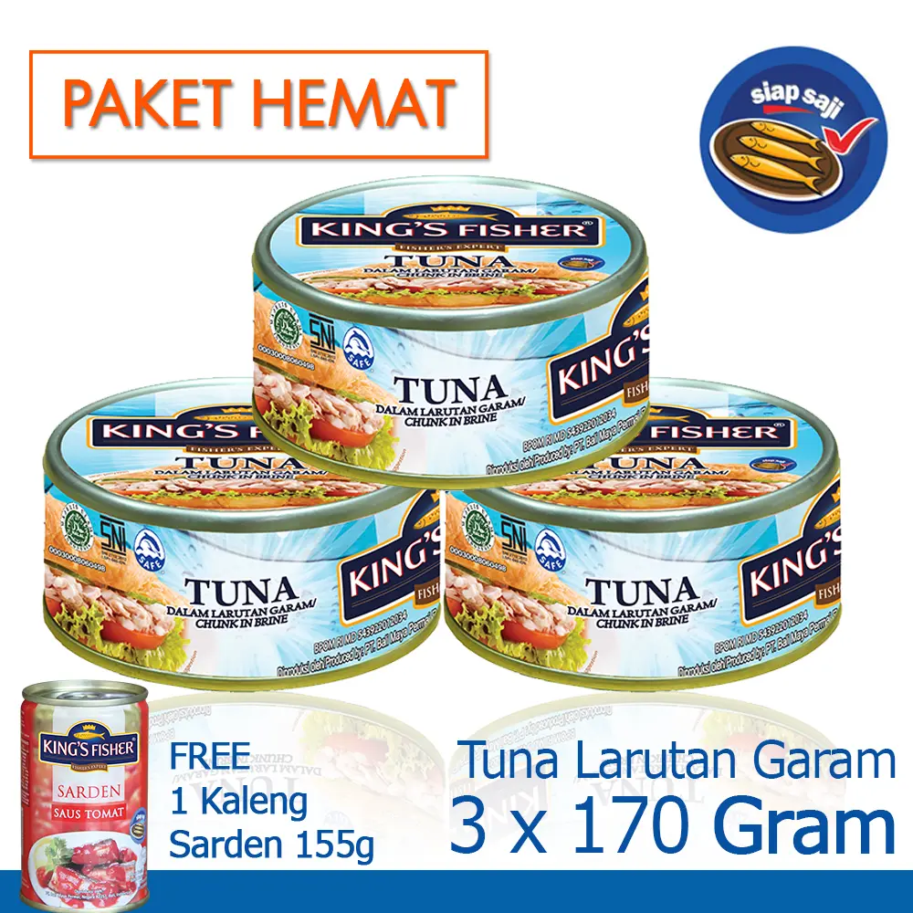 King's Fisher Paket 3 pcs Tuna dalam Air Garam 170 gr gratis sarden 155 gr