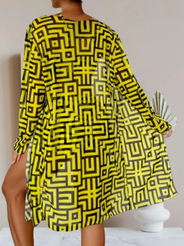 Three-piece Set Women's All Over Geometric Print Bikini Set, Chic Long Sleeve Sheer Cover Up Top & Tie Front Swim Bra & Short Set, Ladies Swimsuit for Beach Holiday Vacation 7