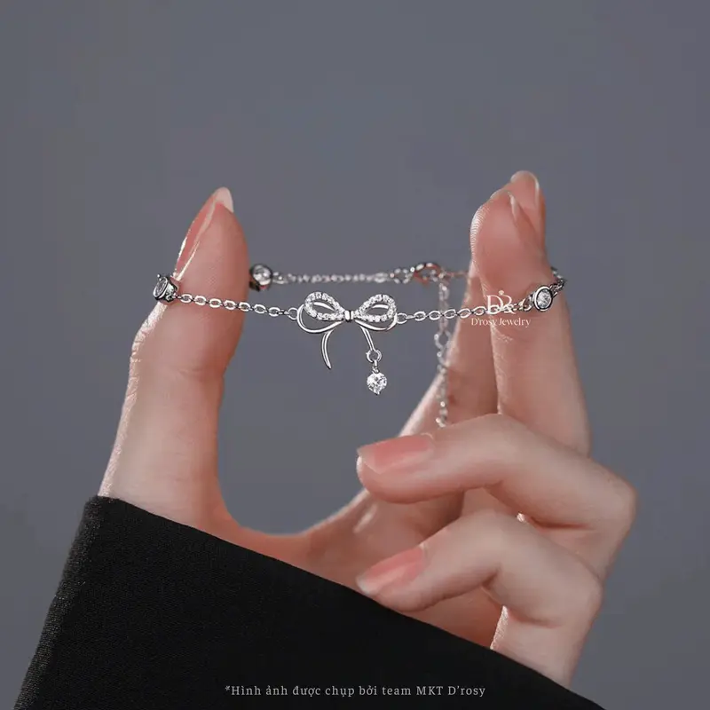 Lắc tay bạc nữ S925 D'ROSY nơ treo hạt đá nhẩy lấp lánh D'ROSY JEWELRY LT35 5