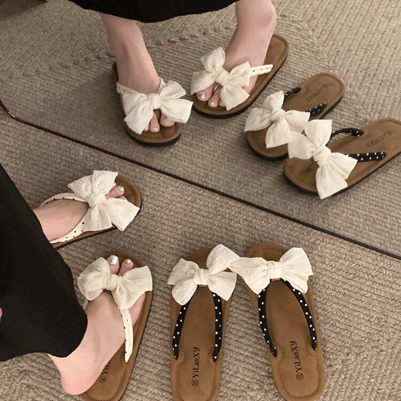 Dép Xỏ Ngón Đế Bằng Thắt Nơ, Phong Cách Cổ Điển, Dép Nữ Mùa Hè, Có Thể Mặc Ngoài Trời, Hàng Mới Về 2024, Phổ Biến Với Váy, Dép Chống Trượt 0