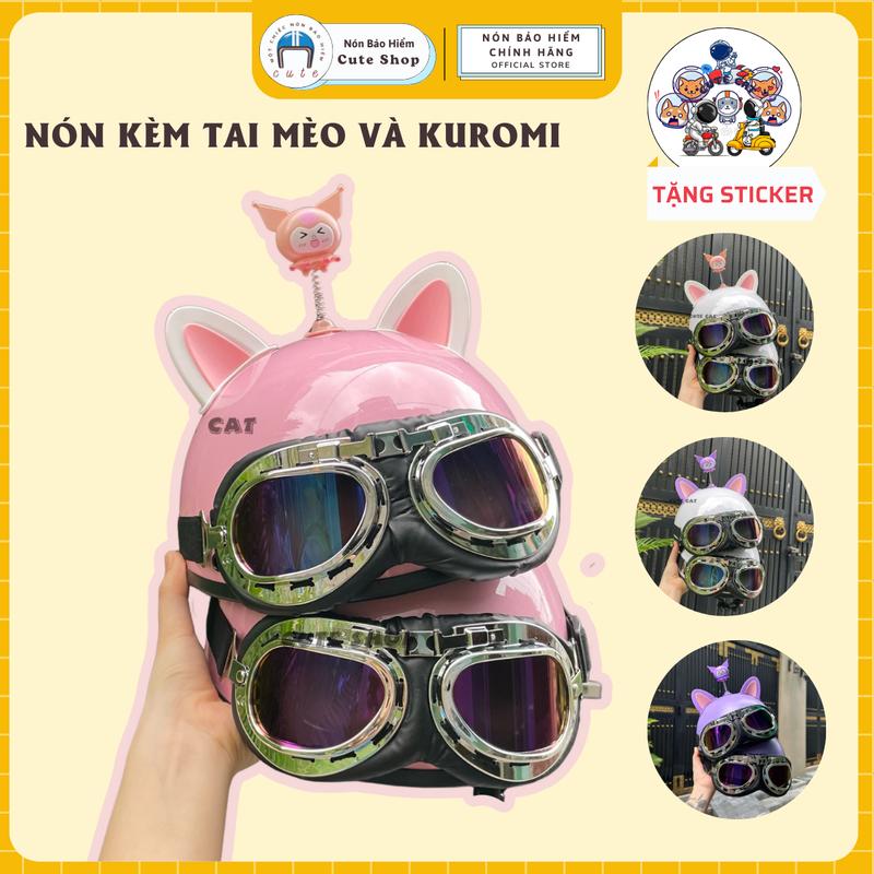  Nón Bảo Hiểm Nửa Đầu Kính Phi Công Kèm Kuromi Và Tai Mèo Nón Bảo Hiểm Kèm Phụ kiện Kuromi ,Tai Mèo Trang Trí Nón Dễ Thương CUTE SHOP 