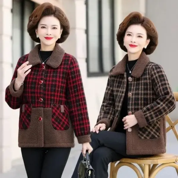Áo Khoác Len Cho Mẹ, Dáng Rộng Vừa Vặn, Họa Tiết Kẻ Sọc, Cổ Bẻ Áo, Chất Liệu Len Lông Cừu, Khâu Len Lông Cừu, Thích Hợp Cho Mùa Thu Và Mùa Đông, Cỡ Lớn, Áo Khoác Thời Trang