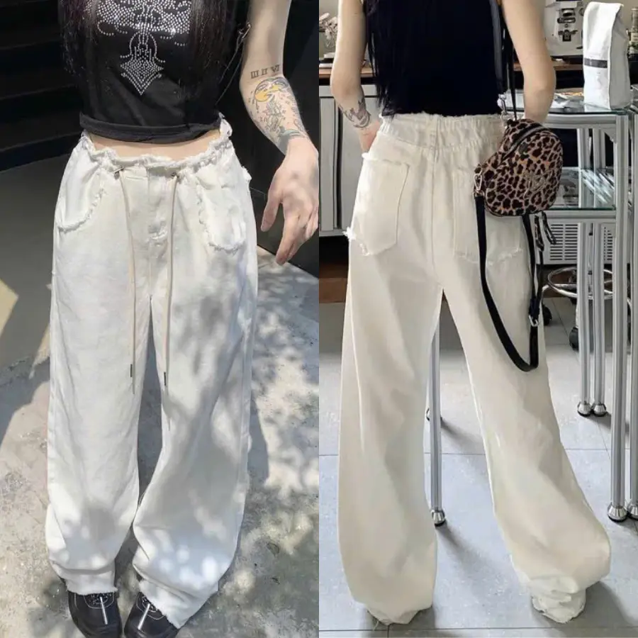 Quần Jean Trắng Ống Suông Đứng Cho Nữ Phối Cạp Tua Rua Dây Rút Mặc Đi Tiệc Đi Chơi Đi Làm Women Pants Denim Baggy Ong