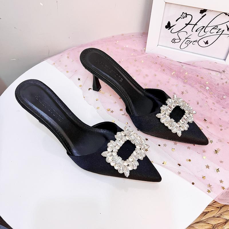 Guốc sục lụa cao gót 7p HALEY STORE mũi nhọn đính đá xoàn lấp lánh tiểu thư đi tiệc đi chơi đi học đi làm 2