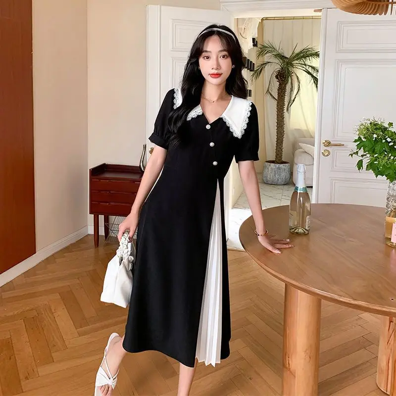 BUMIL FRIENDLY Dress Cheongsam Kerah Modern Hitam Putih Plisket