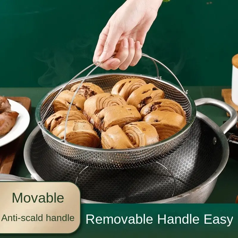 Rak pengukus keluli tahan karat premium, dengan pemisah air dan pemegang untuk kegunaan rumah, Sesuai untuk mengukus roti, Ladu dan Dim Sum