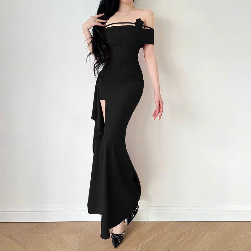 D335 [Kèm Hoa] Đầm Body Bẹt Vai Xẻ Đùi Tôn Dáng Chất Thun LaDong Mát Mịn Co Giãn