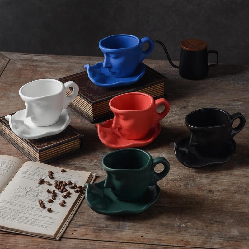 Creative Face Design 250ml Coffee Cup & Saucer Set, 2pcs Ceramics Coffee Mug for Table Novelty Coffee Cup Set for Home Office, Gift Ideas 1