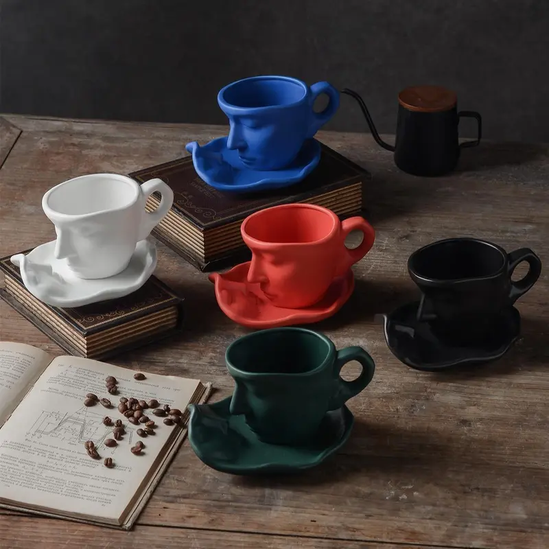 Creative Face Design 250ml Coffee Cup & Saucer Set, 2pcs Ceramics Coffee Mug for Table Novelty Coffee Cup Set for Home Office, Gift Ideas 1