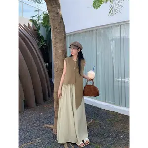 CHICMORE setelan wanita dua potong kekinian tanpa lengan dengan celana panjang kaki lebar