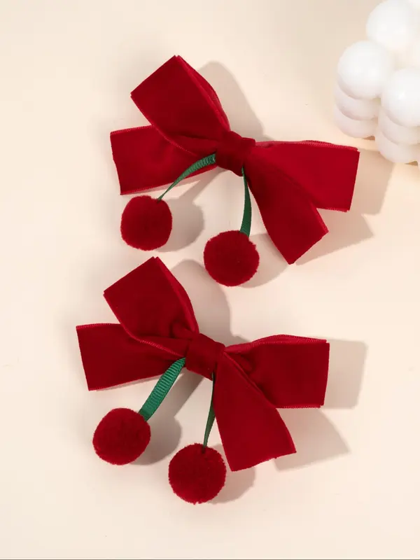 Cute Cherry Decor Hair Bows, Velvet Bowknot Hair Clips, Fashionable Hair Accessories for Girls, Minimalist Headwear Suitable for Thick Hair 6