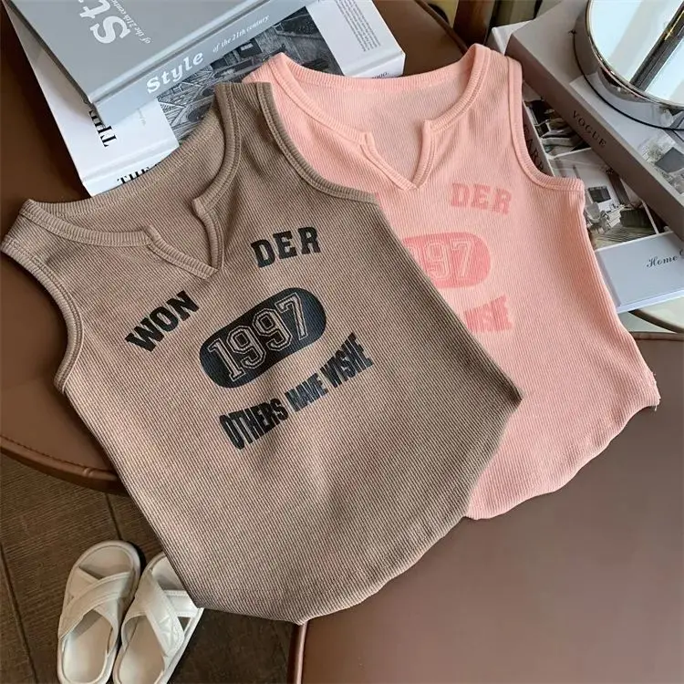Áo Vest Cổ Chữ V, Cho Bé Gái, Thời Trang Mới Mùa Hè, Áo Hai Dây Co Giãn In Chữ Cho Trẻ Mới Biết Đi Áo Thường Ngày