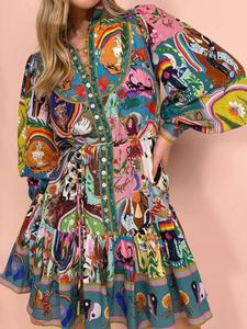 Vestido plisado con estampado floral vintage, dobladillo con volantes y diseño de cintura anudada, elegante cuello redondo para la moda del verano y la primavera