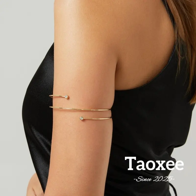 【Taoxee】Gelang Lengan Berwarna Emas, Dua Lapisan Spiral Dengan Permata dan Berlian Minimalis Buka D214