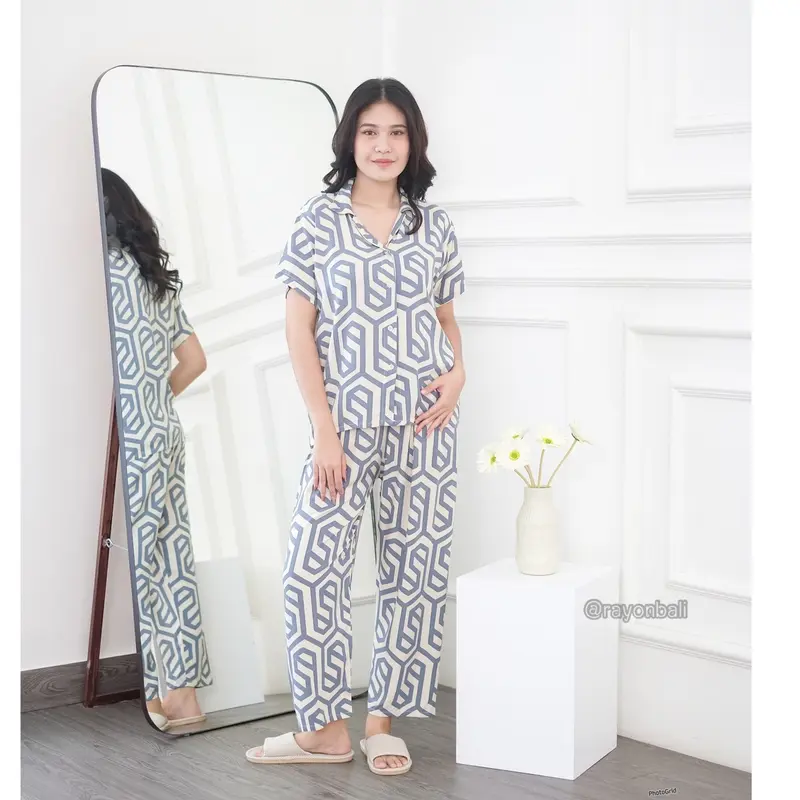 Piyama Bali Satu Set Dengan Celana panjang Motif Sibori Bahan Rayon Grade A Kualitas Super Harga Grosir Polka Dot Musim panas Katun Poliester Baju Tidur Wanita Nyaman Santai 0