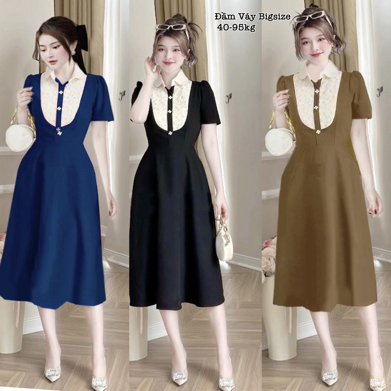 Thời Trang Bigsize - Váy Đầm Bigsize Cổ Sơ Mi Phối Ren Vải Lụa Chéo Thái Thiết Kế Dự Tiệc Nữ Cao Cấp Xinh Đẹp Sang Trọng Dễ Thương Giá Rẻ 40-95kg ennhobigsize Sen Voan Kim Tuyến Đen - 2189
