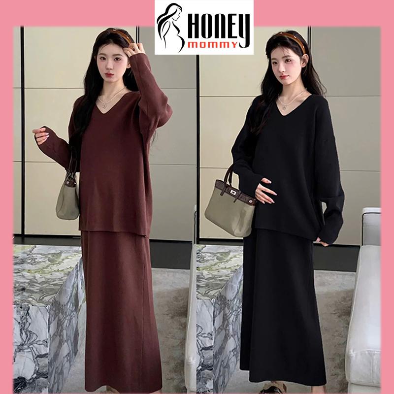 Set Váy Bầu Đầm Bầu Thu Đông Cổ Tim Dáng Rời Chất Thun Tăm Phối Màu Basic Trẻ Trung Mặc Đi Chụp Ảnh HD3239 Honey Mommy 