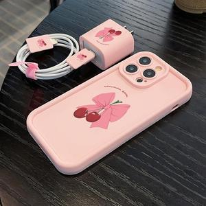 Funda para celular con patrón de cerezas y moño, con salvador de cargador, protector de cable y cuerda de almacenamiento, funda protectora anticaída para iPhone