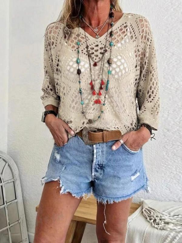 Women's Plain Hollow Out Sheer Sweater Pullover, Casual Long Sleeve Jumper for Summer, Fashion Women's Knitwear for Daily Wear 1
