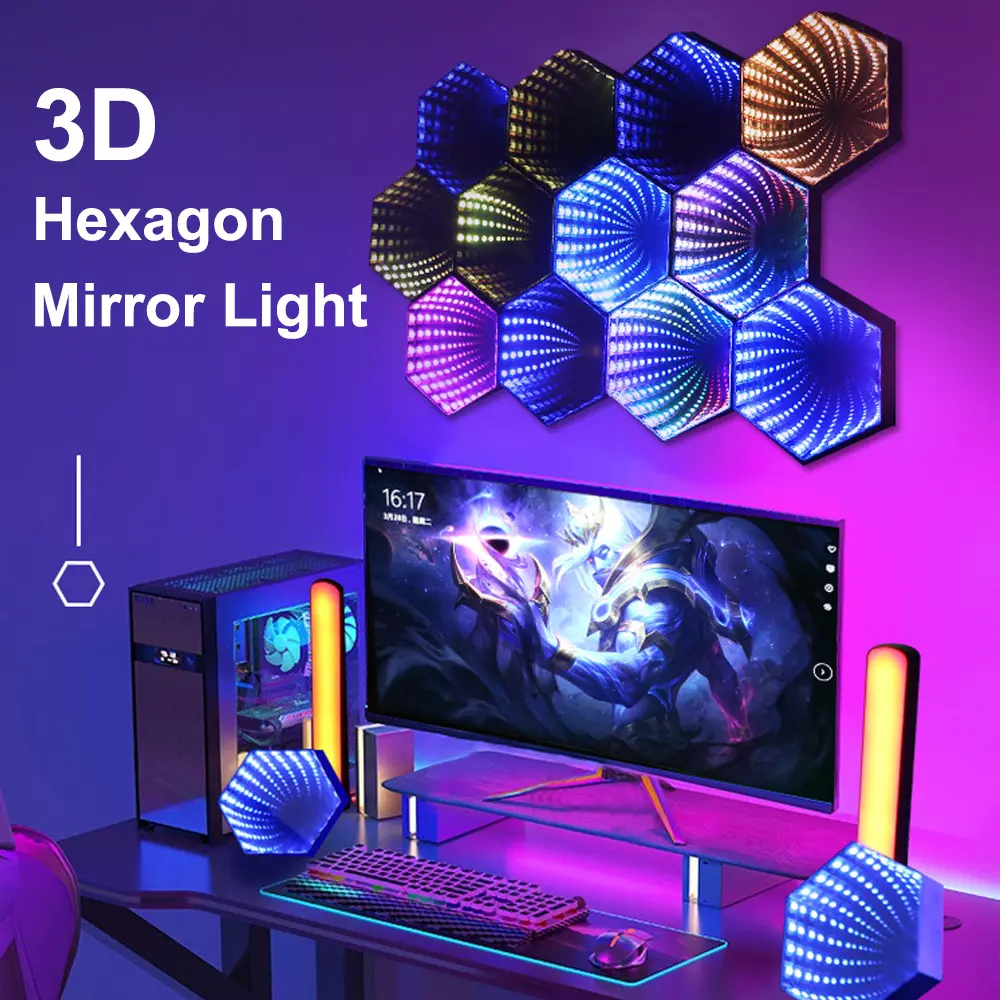 1pcs RGB 3D Hexagonal Mirror Tunnel Light LED Desktop Ambient Lamp Compute Game Music Rhythm Sync Pickup Lights Room Decoration