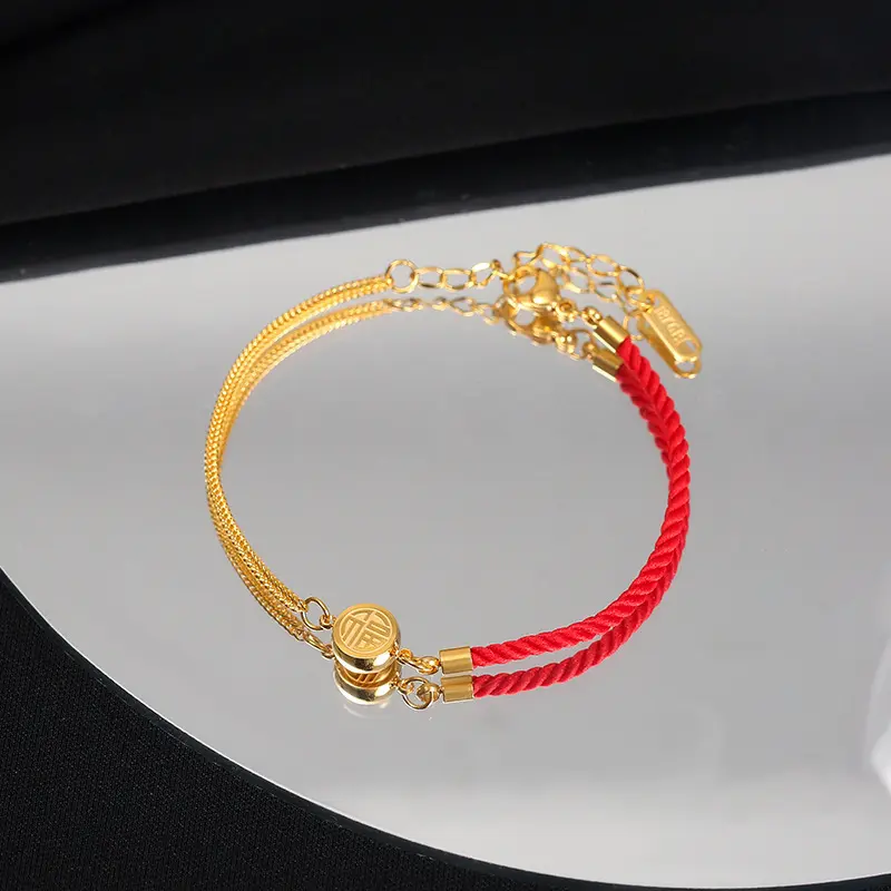 Chinese style red rope double-sided blessing character birth year bracelet women's titanium steel no fading half chain half rope high-end fashion bracelet