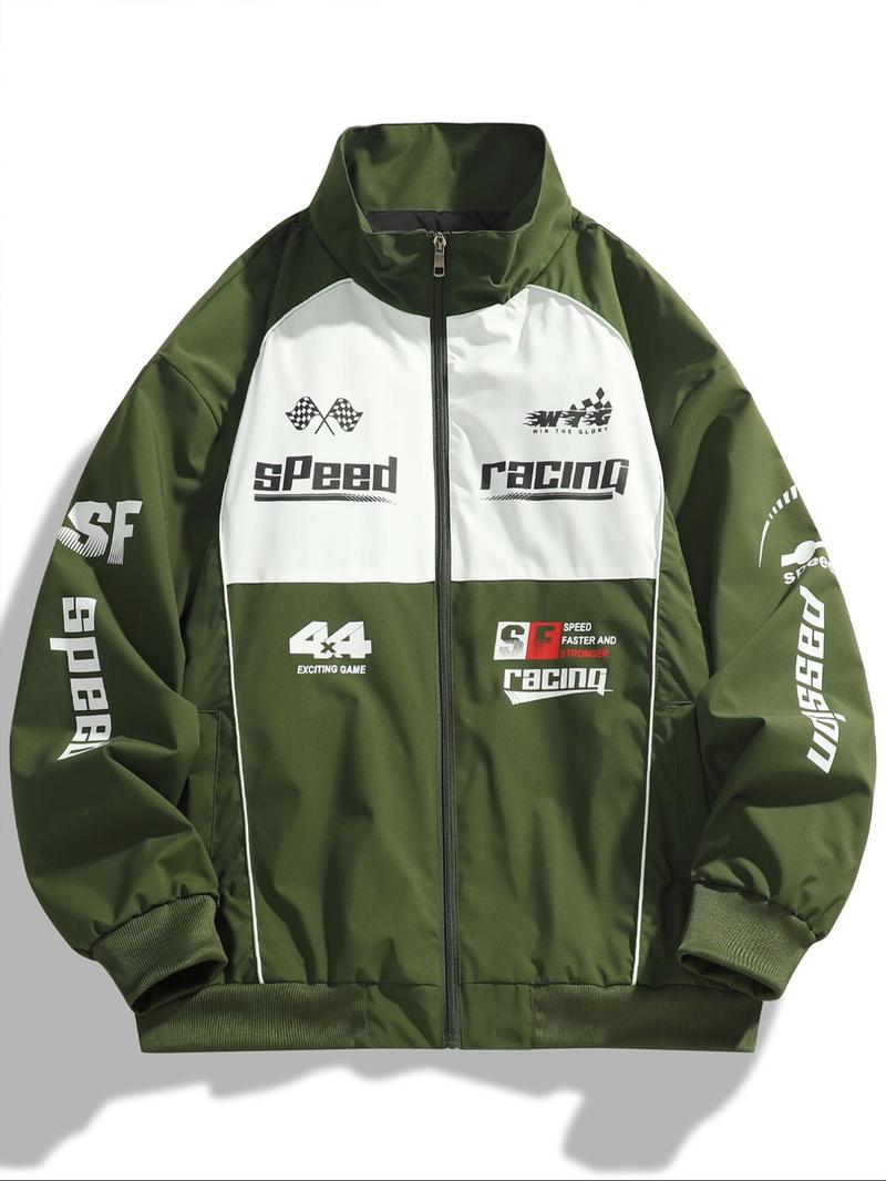 Product Introduction of Men's Colorblock Letter Print Zip Up Jacket, Regular Fit Casual Pocket Funnel Neck Windproof Outerwear for Daily Wear, Men's Clothes for All Seasons, Jackets for Men, Men's Clothing 2