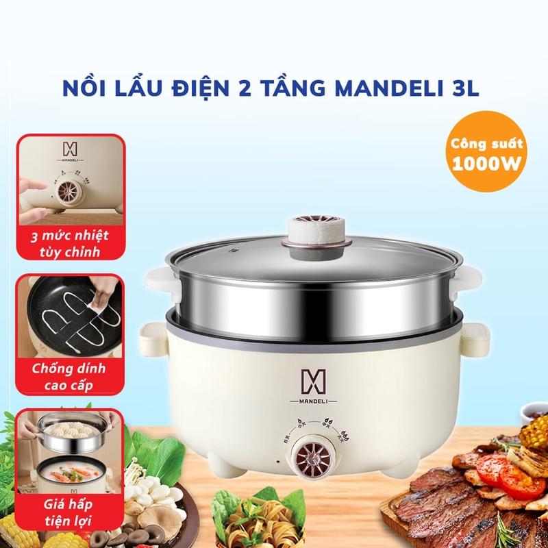 Nồi Lẩu Điện Đa Năng 2 Tầng Mandeli Kèm Giá Hấp 28 cm Tráng Men Chống Dính Công Suất 1000W BH 6 Tháng Nồi Điện