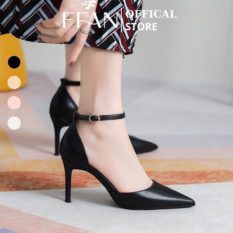DA THẬT mềm mại Giày nữ cao gót mũi nhọn đế nhọn FFAN 228B11 bít mũi quai cài 6 8 phân màu đen be hồng trắng big size