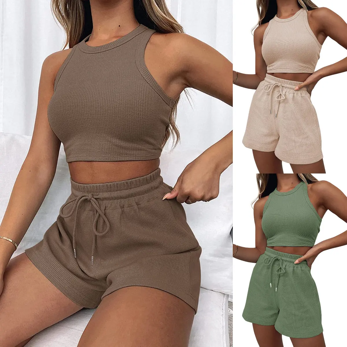 Women's Summer New Sleeveless Waffle Knit Set Solid Color Vest Fashion Casual Short 2-Piece Women's Outfit Clothes Womenswear Suits Gamis