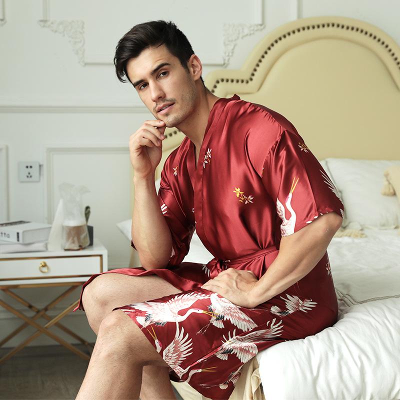 Product Introduction of Black Chinese Men Silk Rayon Robe Summer Casual Wedding Best Man Sleepwear V-Neck Kimono Yukata Bath Gown Plus Size XXXL Fashion Menswear Satin Loungewear 30