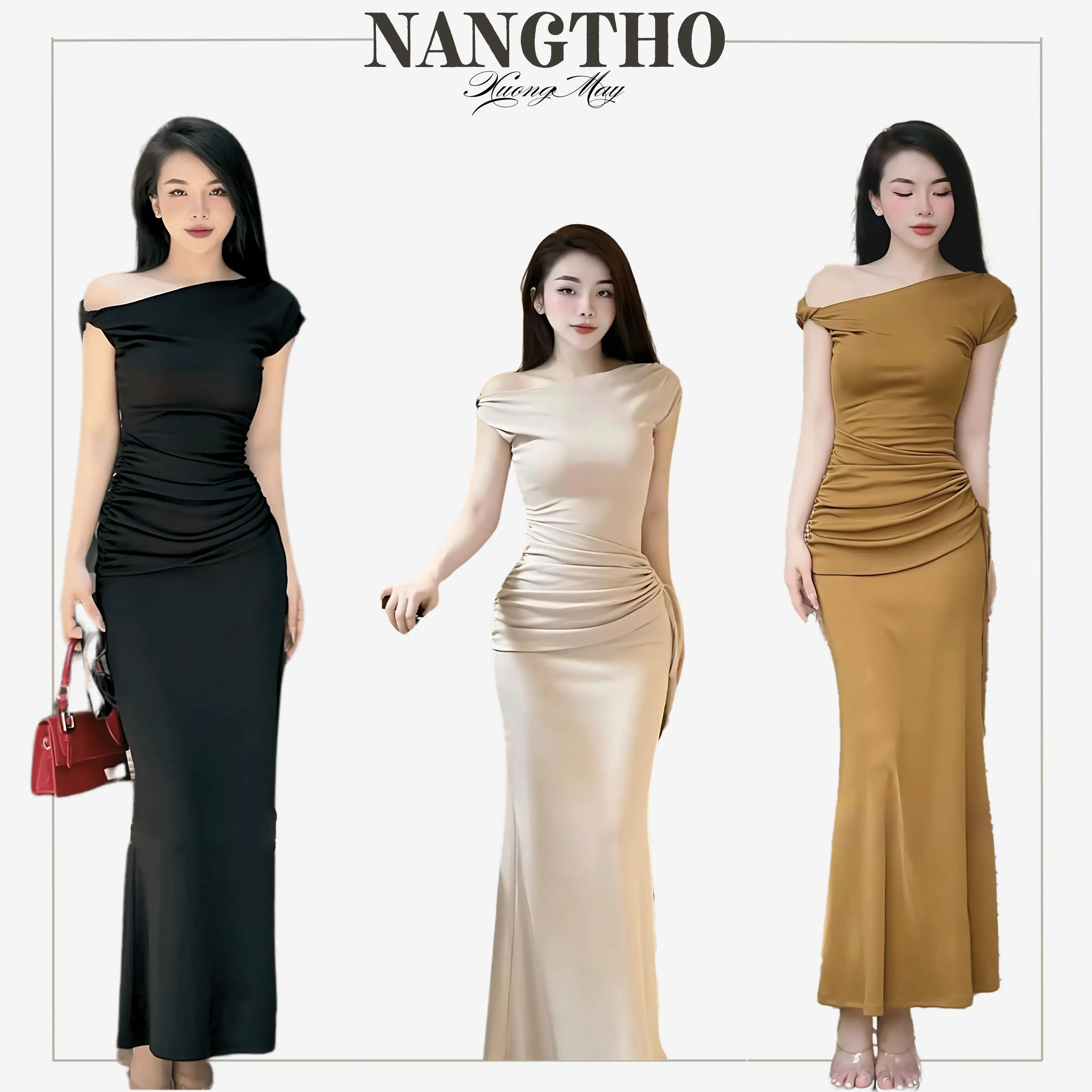 D310 Đầm Xoắn Vai Đuôi Cá Rút Eo tôn dáng Thun Gân Trung Women Dress