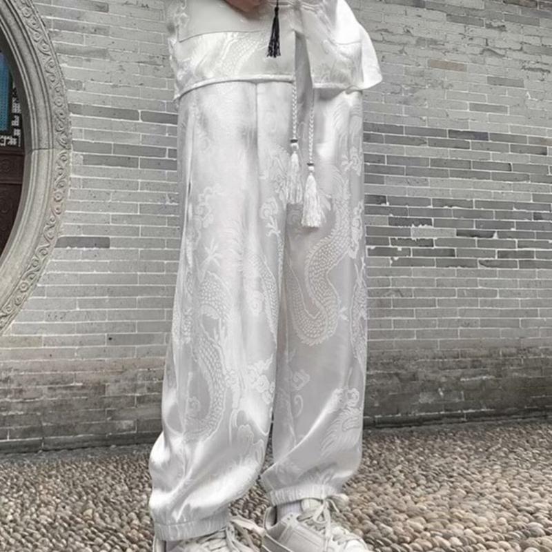 Product Introduction of Chinese Style Dragon Pattern Jacquard Men's Short Sleeve Top & Pants Set - New Asian Trendy Loose Straight & Tapered Outfit |     Summer Breathable Comfort 7