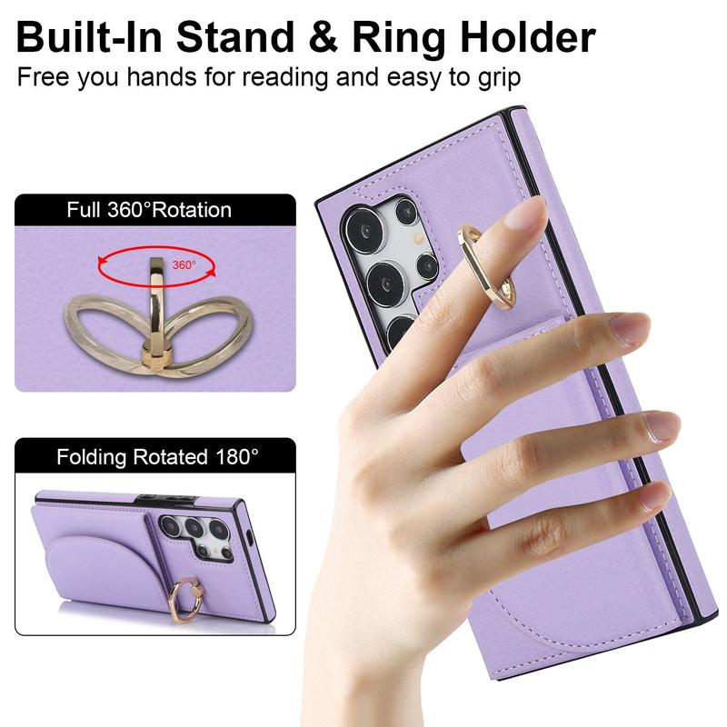Product Introduction of Solid Color Phone Case with Finger Ring & Card Slot, 1 Count PU Leather Wallet Phone Protective Cover, Phone Accessory for Samsung Galaxy S24 S23 S22 S21 3