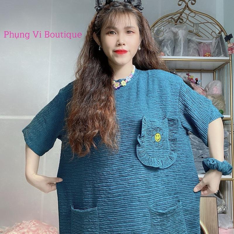 Đầm Thêu Hoa Mặt Cười Vải Thun Xốp kèm đồ Cột Tóc cùng màu đầm