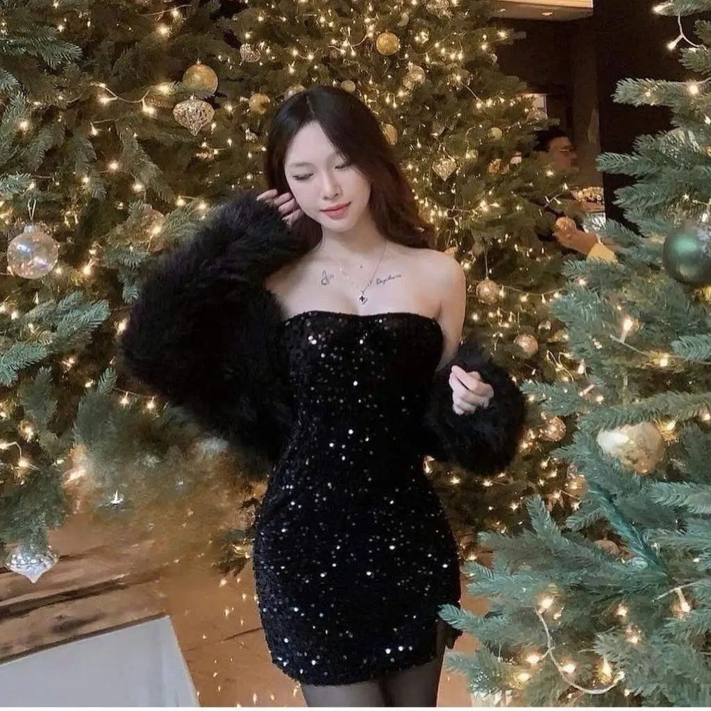 Đầm Ống Giả Kim Sa Hai Lớp Lấp Lánh