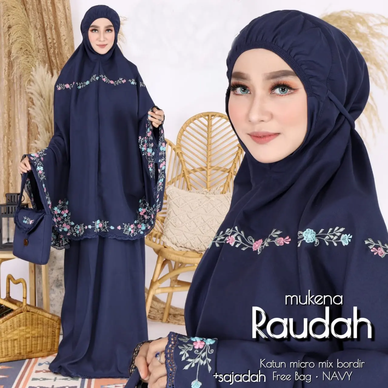 Mukena Premium Dewasa RAUDHOH Bordir mewah 3IN1 Shouvenir Tasikmalaya FULL BORDIR Motif FLORA Lebaran 2024 Bawahan Cantik Muslim Renda