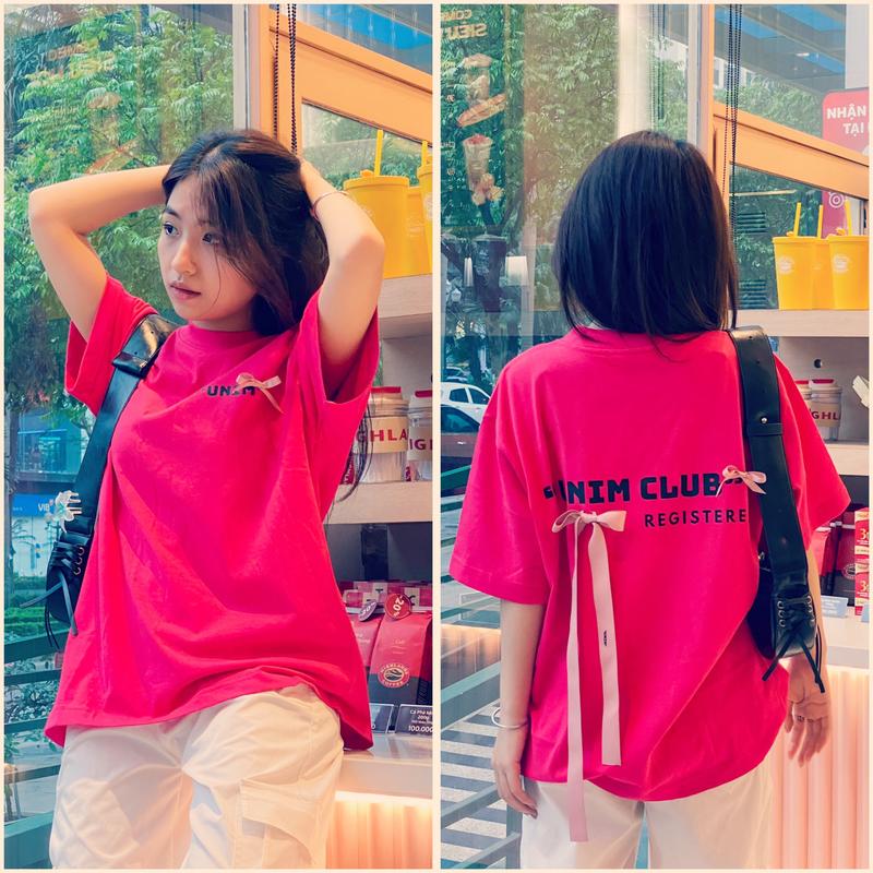 [Nơ Lụa Hàn Quốc] Áo Thun Nơ Lụa Hàn Quốc Form Rộng Unisex Unim Store Cotton  Định Lượng Vải 250 GSM - ATK99 Menswear Nam Cổ Tròn Top Nữ áo  thun nơ sau lưng thông thường đinn aocou Women